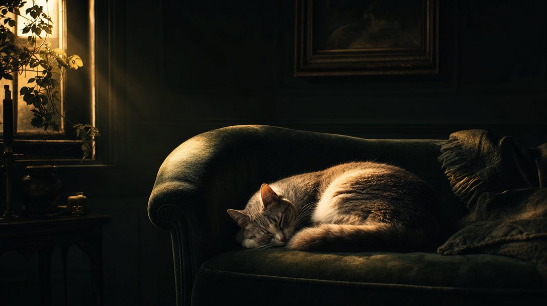 Gatto che dorme sereno nella luce ambrata dell'alba