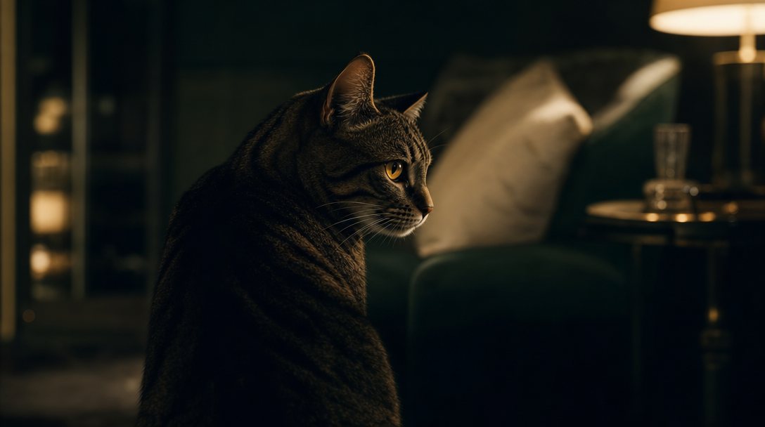 Gatto soriano che ti osserva in una stanza verde scuro
